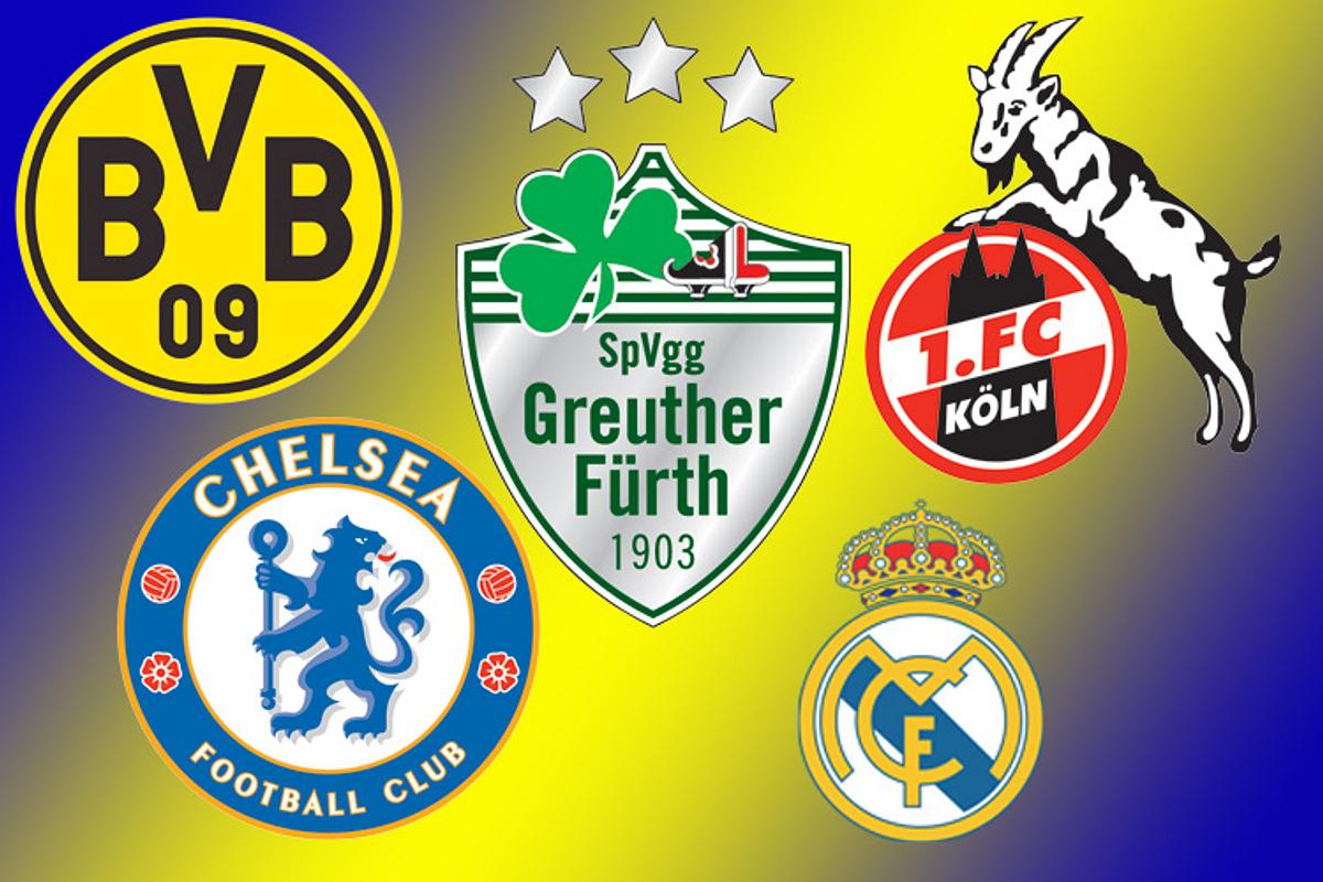 Logos des BVB, Chelsea FC, SpVgg Greuther Fürth, Real Madrid CF und 1. FC Köln