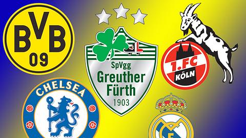 Logos des BVB, Chelsea FC, SpVgg Greuther Fürth, Real Madrid CF und 1. FC Köln