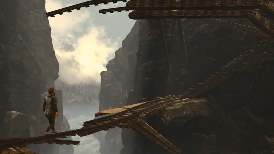 Nate steht an einer Schlucht und muss über eine sehr dünne Brücke.