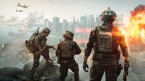 Drei Soldaten stehen vor einer explodierenden Brücke in New York City. Zwei Hubschrauber fliegen auf die Skyline zu. - Foto: EA