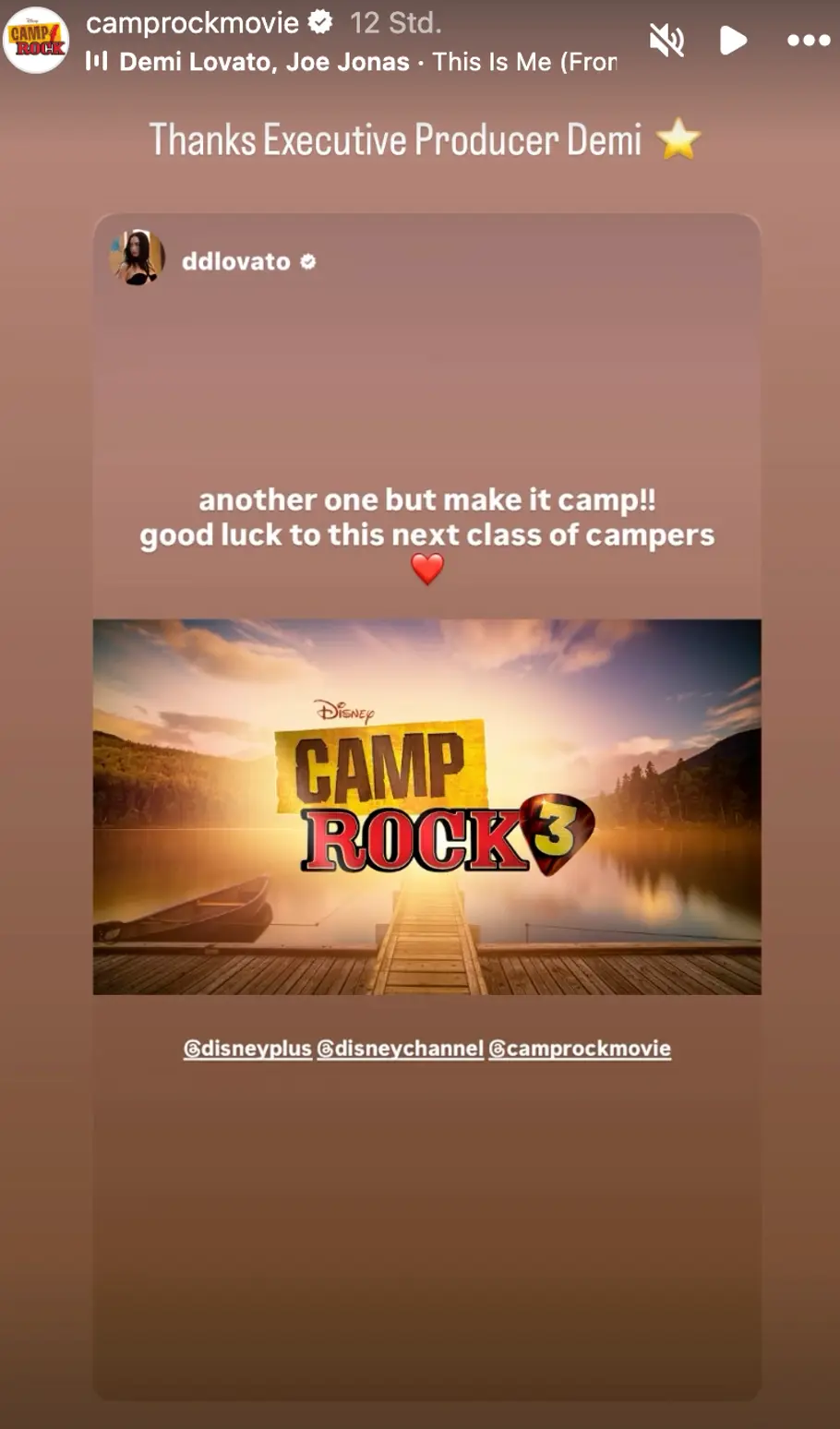 Screenshot von Demi Lovats Instagram Story reposted vom offiziellen Camp Rock Account 