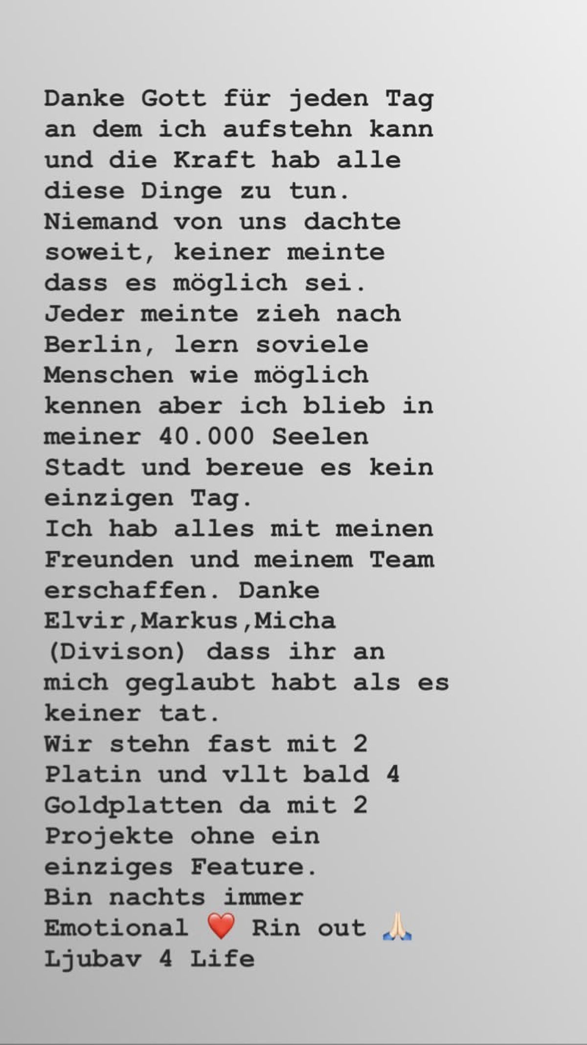 RIN bedankt sich mit einem emotionalen Post in seiner Instagram-Story