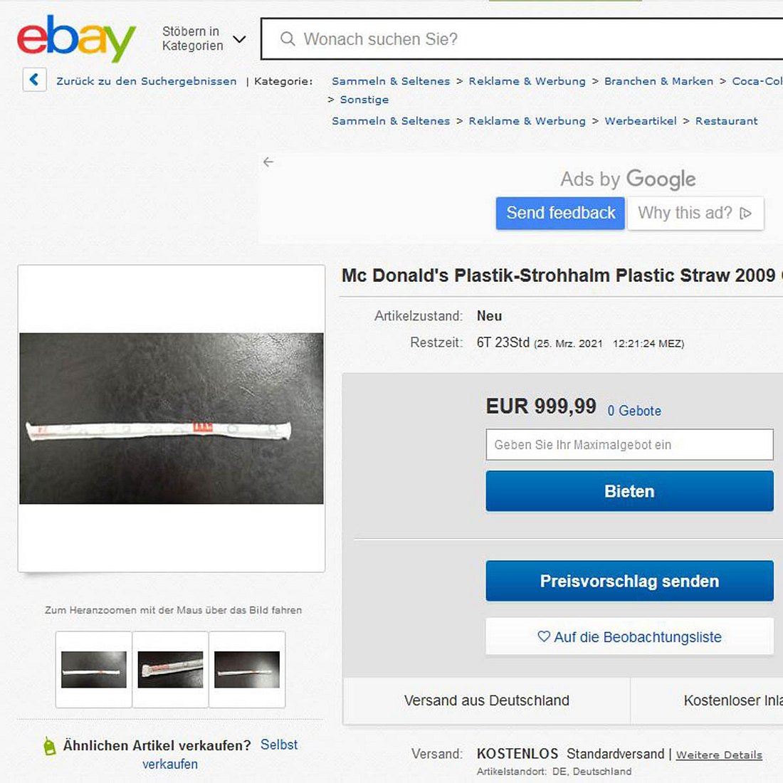 McDonald’s: Plastikstrohhalme für hunderte Euro auf eBay verkaufen! - Verkauf
