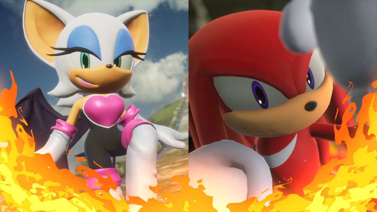Man sieht links Rouge und rechts Knuckles. Ihre Bilder werden von einem flammenartigen Halbkranz umhüllt. 