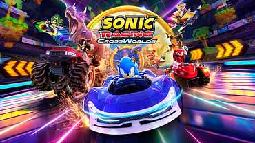 Jet, Shadow, Sonic, Knuckles und Tails fahren von links nach rechts über eine neonartige Rennstrecke. Im Hintergrund sieht man einen Dinosaurier. - Foto: SEGA