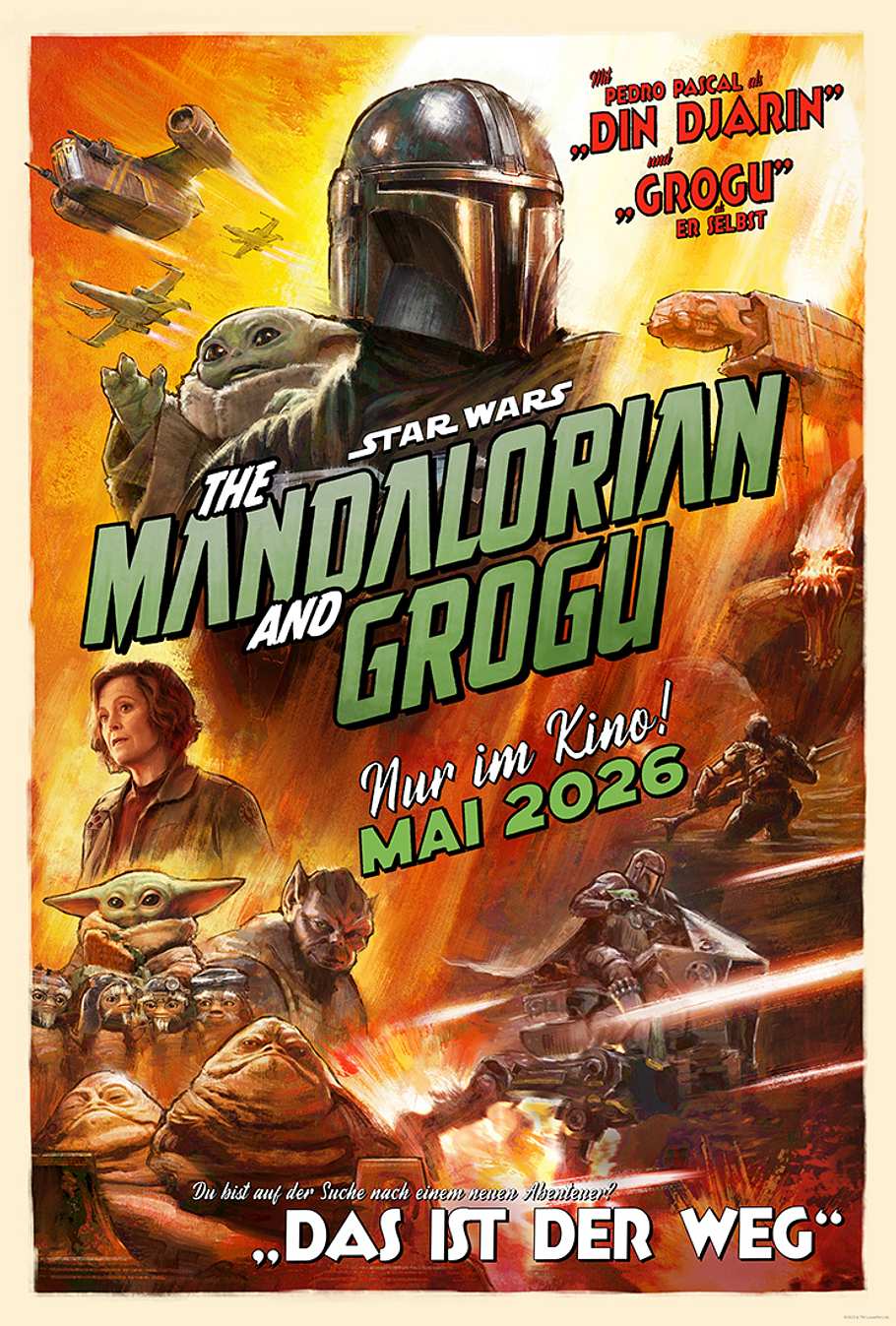 Man sieht ein Poster des Films „The Mandalorian and Grogu“, auf dem viele Charaktere abgebildet sind. Darunter dreimal Grogu (Baby Yoda), Rotta the Hut, The Mandalorian und Sigourney Weaver in einer bisher unbekannten Rolle.