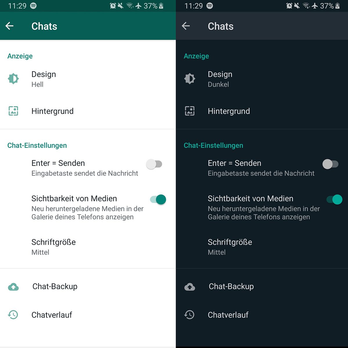 WhatsApp Dark Mode Hell und Dunkel